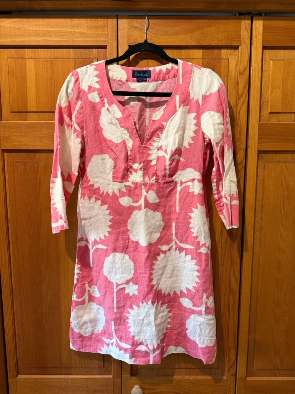 Boden Linen Pink Floral 3/4 Sleeve Mini Dress